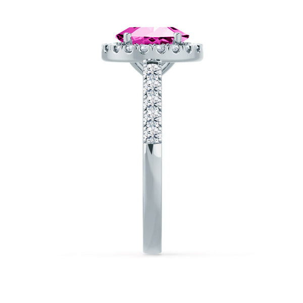 ROSA - Chatham® Pink Sapphire & Diamond 18K White Gold Halo Engagement Ring Lily Arkwright