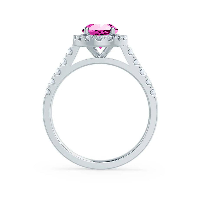 ROSA - Chatham® Pink Sapphire & Diamond 18K White Gold Halo Engagement Ring Lily Arkwright