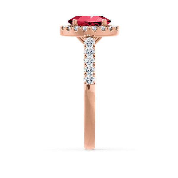 ROSA - Chatham® Ruby & Diamond 18K Rose Gold Halo Ring Engagement Ring Lily Arkwright
