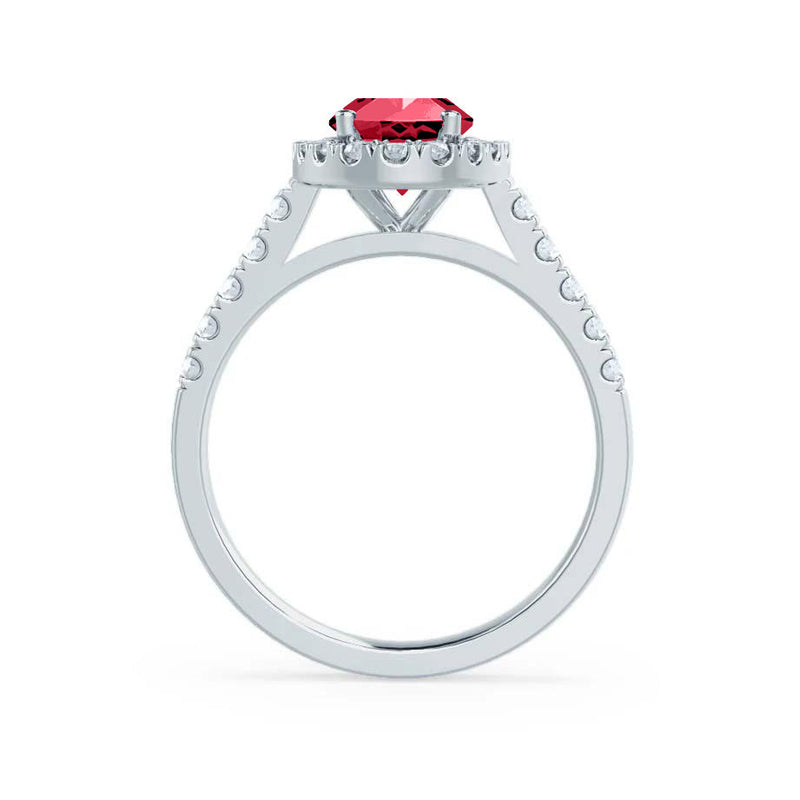 ROSA - Chatham® Ruby & Diamond Platinum Halo Ring Engagement Ring Lily Arkwright