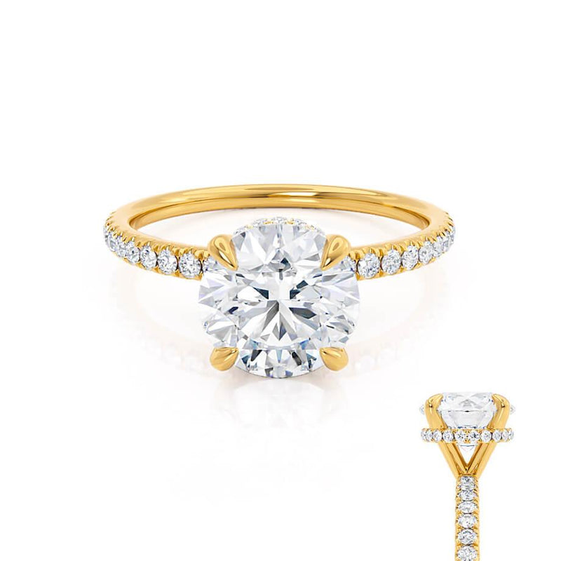 LIVELY - Round Diamond Petite Hidden Halo Pavé Shoulder Set 18k Yellow Gold Engagement Ring