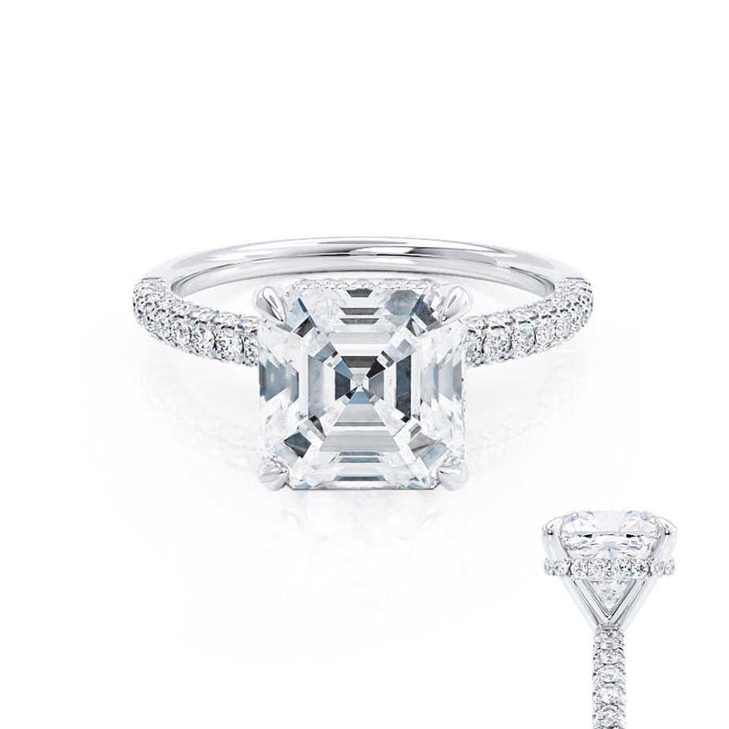 COCO - Asscher Diamond Hidden Halo Triple Pavé Shoulder Set 18k White Gold Engagement Ring