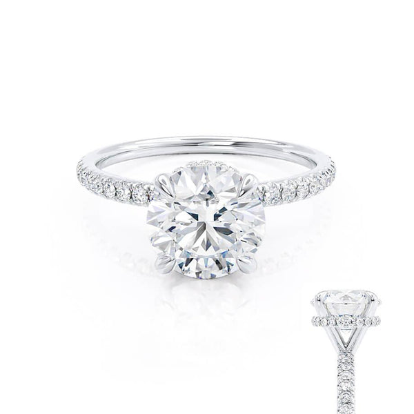 LIVELY - Round Diamond Petite Hidden Halo Pavé Shoulder Set 18k White Gold Engagement Ring