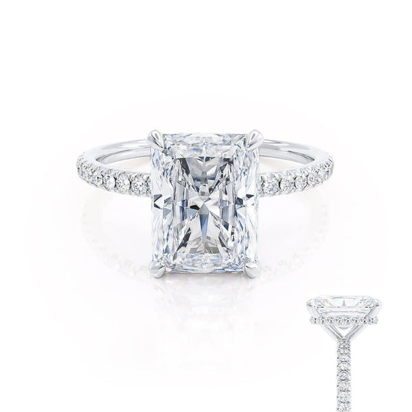 LIVELY - Radiant Diamond Petite Hidden Halo Pavé Shoulder Set 18k White Gold Engagement Ring