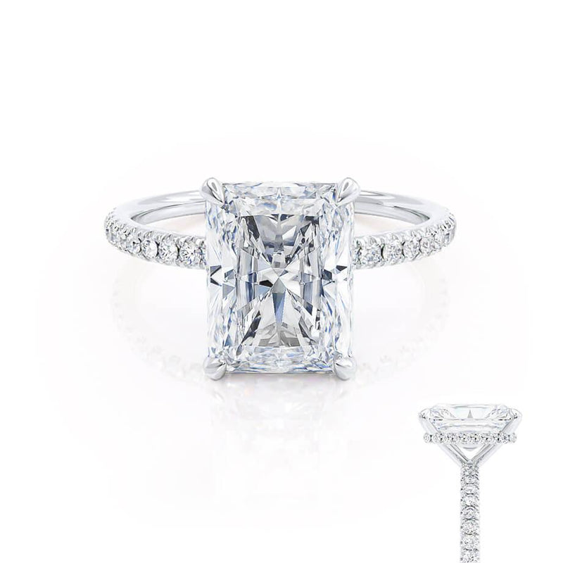 LIVELY - Radiant Diamond Petite Hidden Halo Pavé Shoulder Set 18k White Gold Engagement Ring