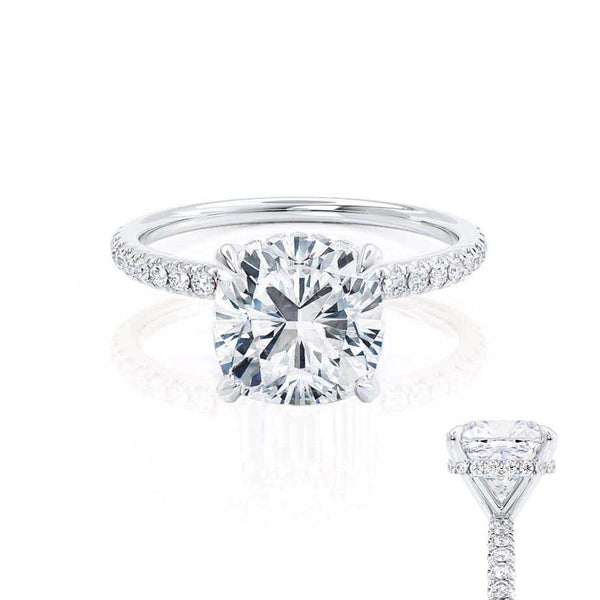 LIVELY - Cushion Diamond Hidden Halo Micro Pavé Shoulder Set 18k White Gold Engagement Ring