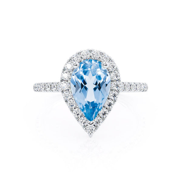 HARLOW - Pear Aqua Spinel & Diamond 18k White Gold Halo Engagement Ring Lily Arkwright