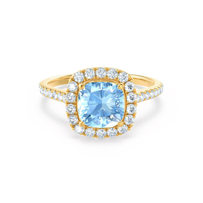 VIOLETTE - Cushion Aqua Spinel & Diamond 18k Yellow Gold Petite Halo Ring Engagement Ring Lily Arkwright