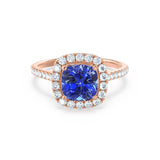 VIOLETTE - Cushion Blue Sapphire & Diamond 18k Rose Gold Petite Halo Ring Engagement Ring Lily Arkwright