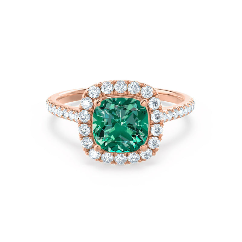 VIOLETTE - Cushion Emerald & Diamond 18k Rose Gold Petite Halo Ring Engagement Ring Lily Arkwright