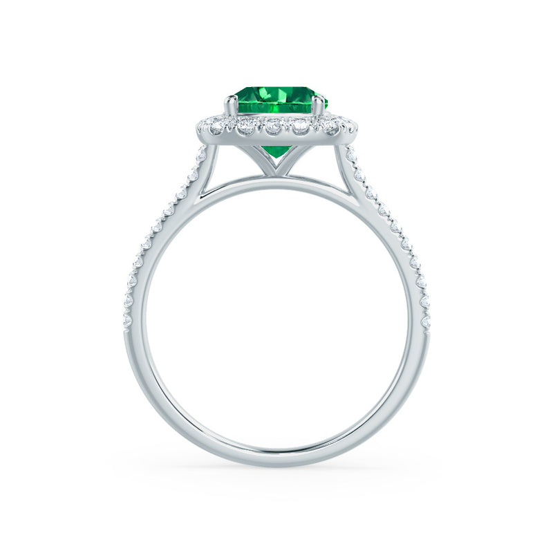 VIOLETTE - Cushion Emerald & Diamond 950 Platinum Petite Halo Ring Engagement Ring Lily Arkwright