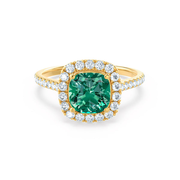 VIOLETTE - Cushion Emerald & Diamond 18k Yellow Gold Petite Halo Ring Engagement Ring Lily Arkwright