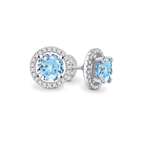 VOGUE - Round Aqua Spinel & Diamond 18k White Gold Halo Earrings Earrings Lily Arkwright