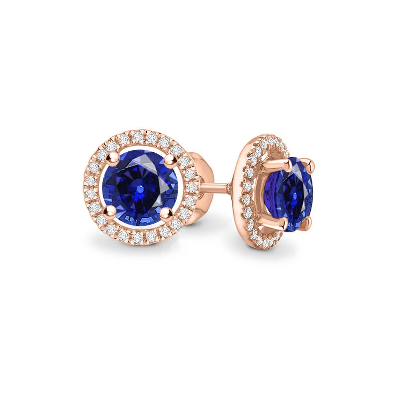VOGUE - Round Blue Sapphire & Diamond 18k Rose Gold Halo Earrings Earrings Lily Arkwright