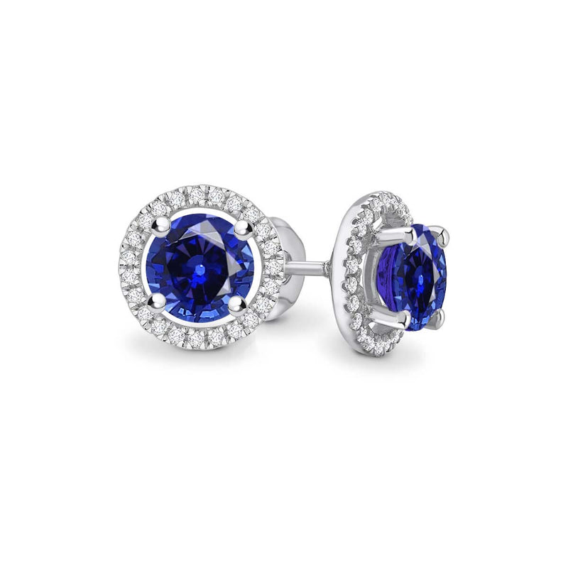 VOGUE - Round Blue Sapphire & Diamond 18k White Gold Halo Earrings Earrings Lily Arkwright