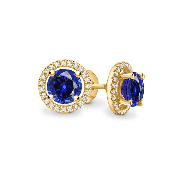 VOGUE - Round Blue Sapphire & Diamond 18k Yellow Gold Halo Earrings Earrings Lily Arkwright