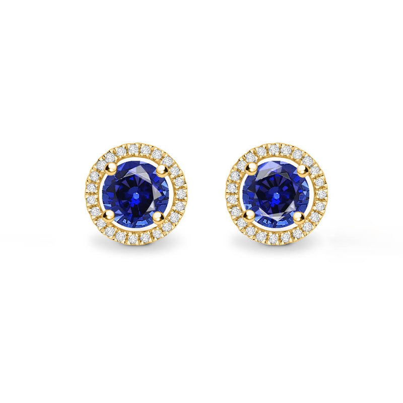 VOGUE - Round Blue Sapphire & Diamond 18k Yellow Gold Halo Earrings Earrings Lily Arkwright