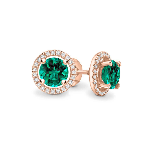 VOGUE - Round Emerald & Diamond 18k Rose Gold Halo Earrings Earrings Lily Arkwright