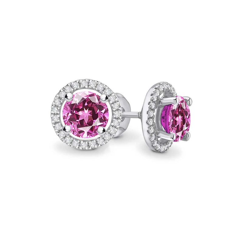 VOGUE - Round Pink Sapphire & Diamond 18k White Gold Halo Earrings Earrings Lily Arkwright