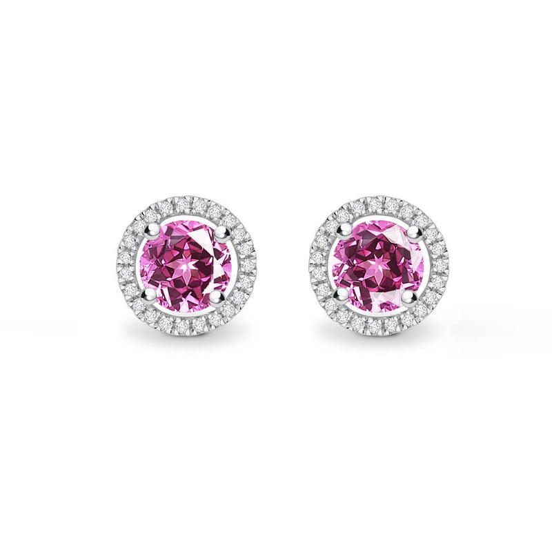 VOGUE - Round Pink Sapphire & Diamond 950 Platinum Halo Earrings Earrings Lily Arkwright