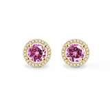 VOGUE - Round Pink Sapphire & Diamond 18k Yellow Gold Halo Earrings Earrings Lily Arkwright