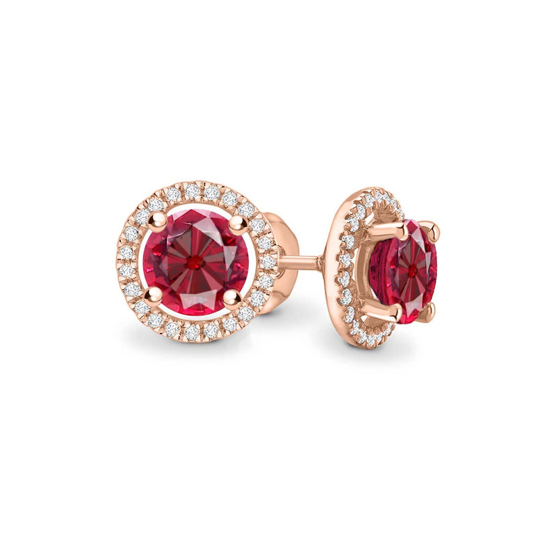 VOGUE - Round Ruby & Diamond 18k Rose Gold Halo Earrings Earrings Lily Arkwright