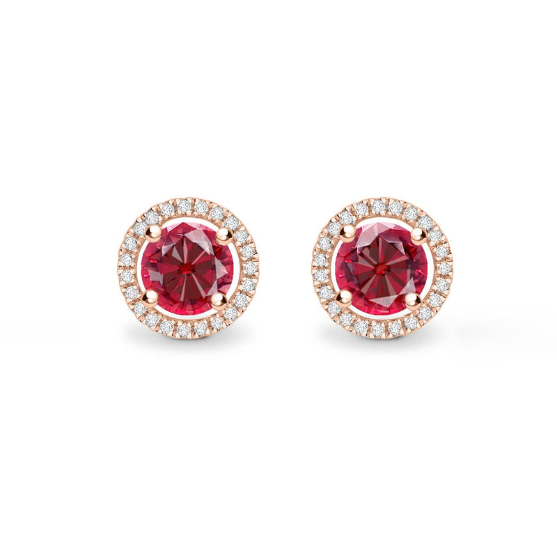 VOGUE - Round Ruby & Diamond 18k Rose Gold Halo Earrings Earrings Lily Arkwright