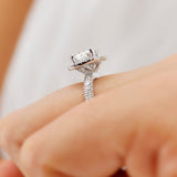 Caseada, cushion cut lab grown moissanite halo shoulder set 18k white gold engagement ring Lily Arkwright 