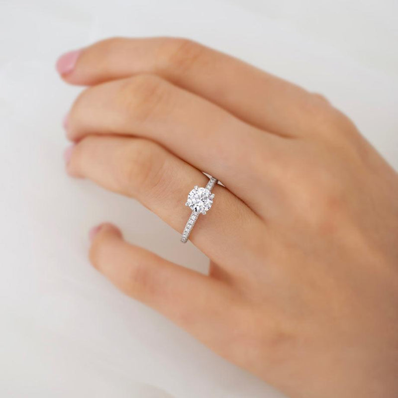 COCO- Round Lab Diamond 18k White Gold Petite Hidden Halo Triple Pavé Shoulder Set Ring Engagement Ring Lily Arkwright