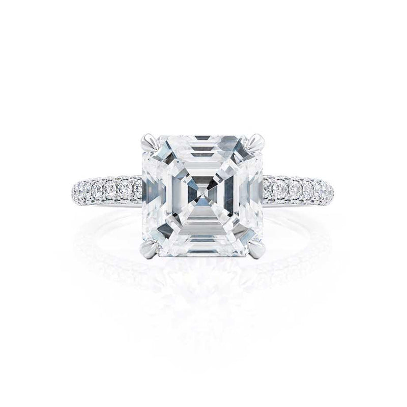 COCO - Asscher Moissanite & Diamond 18k White Gold Hidden Halo Triple Pavé Shoulder Set Engagement Ring Lily Arkwright