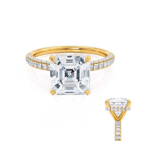 COCO - Asscher Moissanite & Diamond 18k Yellow Gold Hidden Halo Triple Pavé Shoulder Set Engagement Ring Lily Arkwright