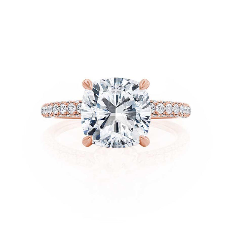 COCO - Cushion Moissanite & Diamond 18k Rose Gold Hidden Halo Triple Pavé Shoulder Set Engagement Ring Lily Arkwright