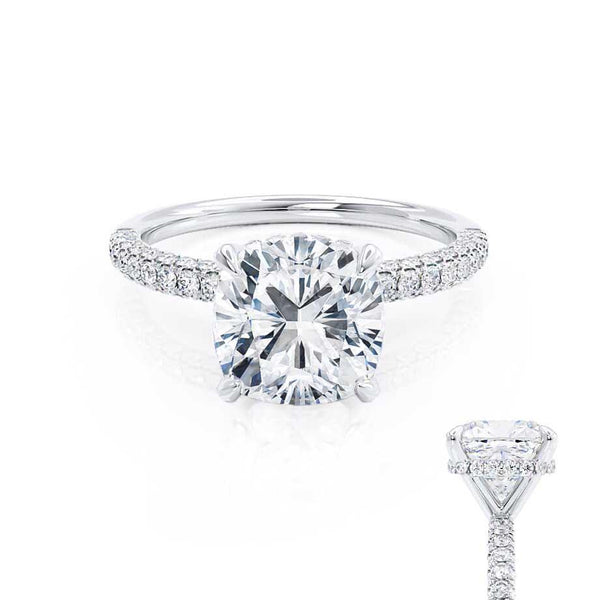 COCO - Cushion Cut Lab Diamond 18k White Gold Petite Hidden Halo Triple Pavé Engagement Ring Lily Arkwright
