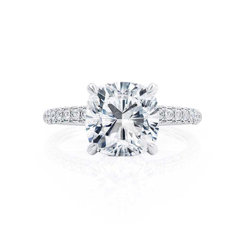 COCO - Cushion Moissanite & Diamond Platinum Hidden Halo Triple Pavé Shoulder Set Engagement Ring Lily Arkwright