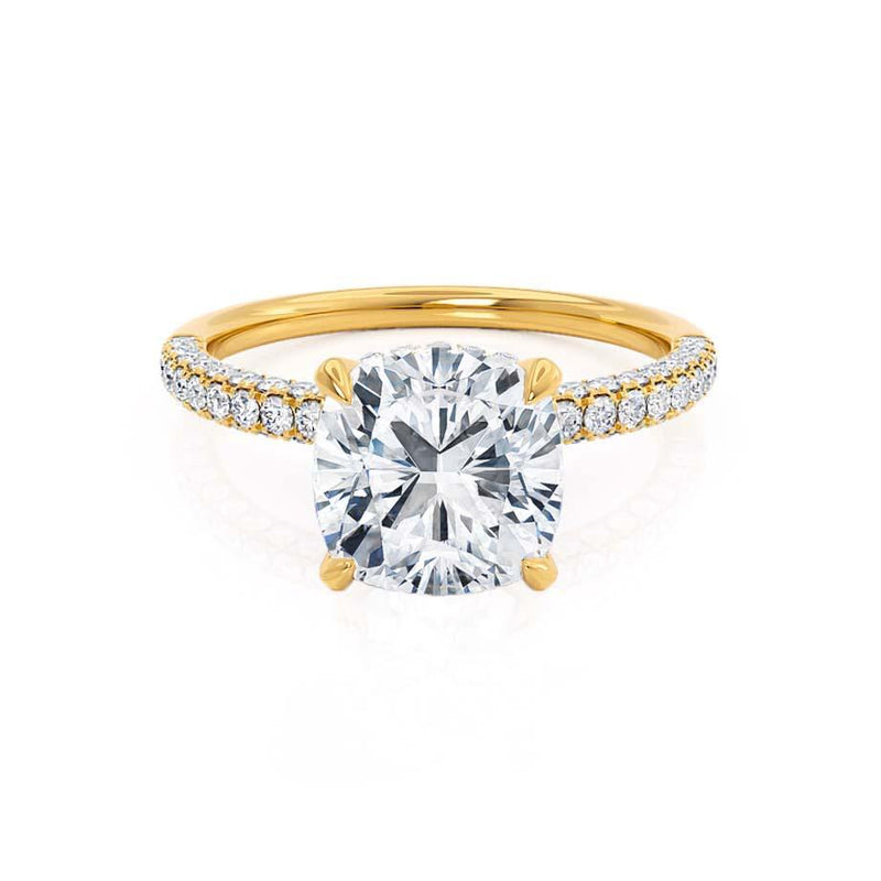 COCO - Cushion Moissanite & Diamond 18k Yellow Gold Hidden Halo Triple Pavé Shoulder Set Engagement Ring Lily Arkwright
