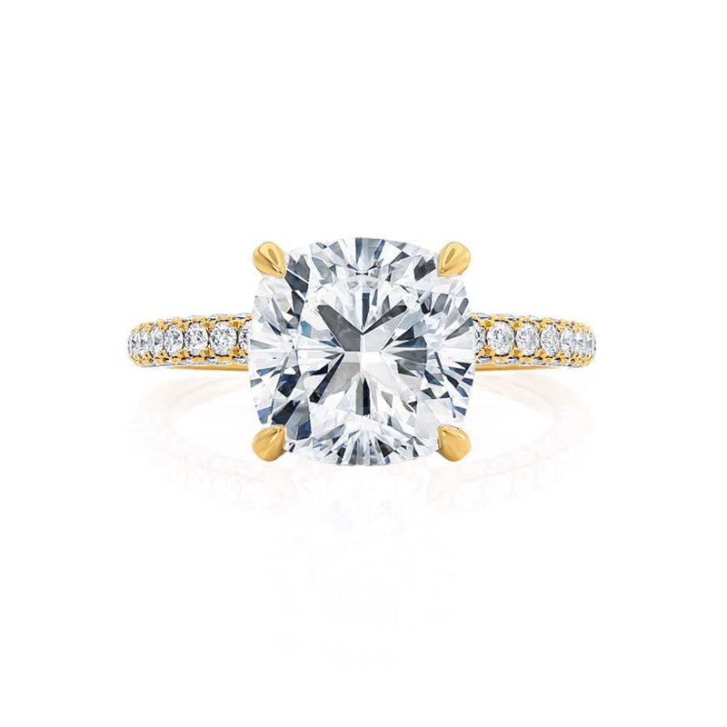COCO - Cushion Moissanite & Diamond 18k Yellow Gold Hidden Halo Triple Pavé Shoulder Set Engagement Ring Lily Arkwright