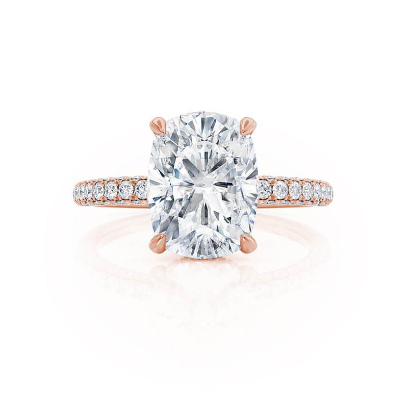 COCO - Elongated Cushion Moissanite & Diamond 18k Rose Gold Petite Hidden Halo Triple Pavé Ring Engagement Ring Lily Arkwright