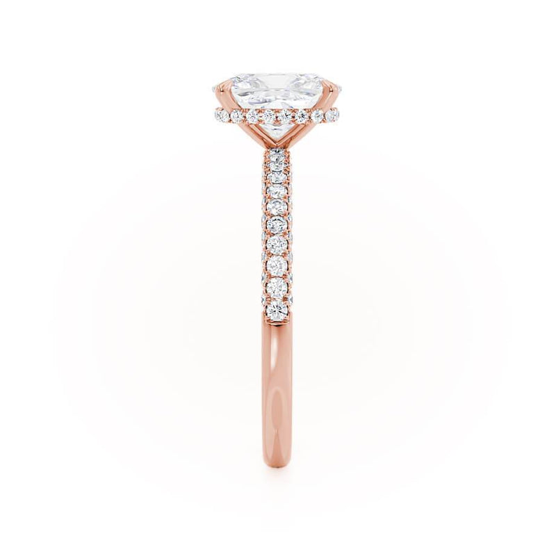 COCO - Elongated Cushion Cut Lab Diamond 18k Rose Gold Petite Hidden Halo Triple Pavé Engagement Ring Lily Arkwright
