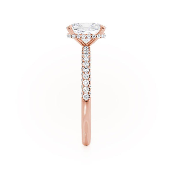 COCO - Elongated Cushion Moissanite & Diamond 18k Rose Gold Petite Hidden Halo Triple Pavé Ring Engagement Ring Lily Arkwright