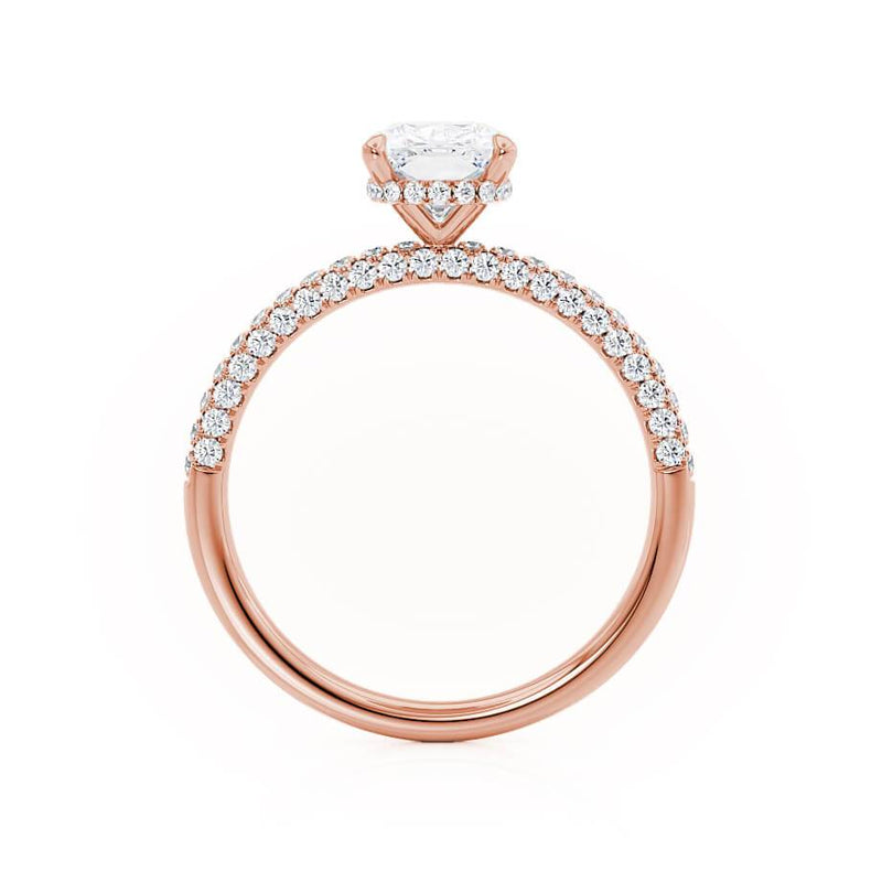 COCO - Elongated Cushion Cut Lab Diamond 18k Rose Gold Petite Hidden Halo Triple Pavé Engagement Ring Lily Arkwright