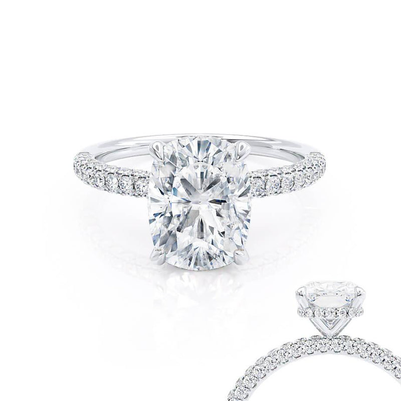 COCO - Elongated Cushion Cut Lab Diamond Platinum Petite Hidden Halo Triple Pavé Engagement Ring Lily Arkwright