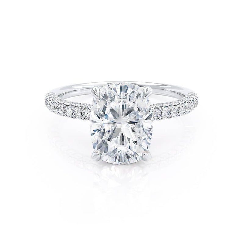 COCO - Elongated Cushion Cut Lab Diamond Platinum Petite Hidden Halo Triple Pavé Engagement Ring Lily Arkwright