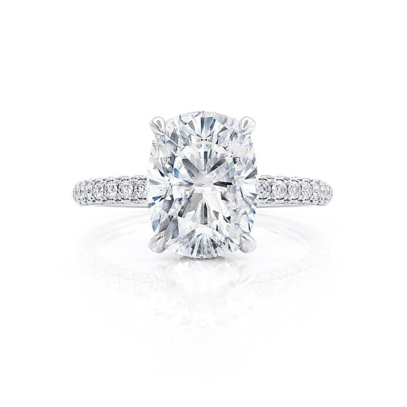 COCO - Elongated Cushion Moissanite & Diamond Platinum Petite Hidden Halo Triple Pavé Ring Engagement Ring Lily Arkwright