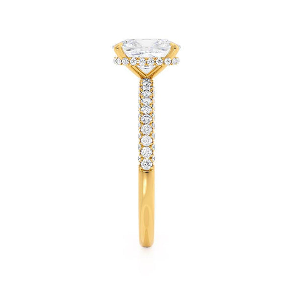 COCO - Elongated Cushion Moissanite & Diamond 18k Yellow Gold Petite Hidden Halo Triple Pavé Ring Engagement Ring Lily Arkwright