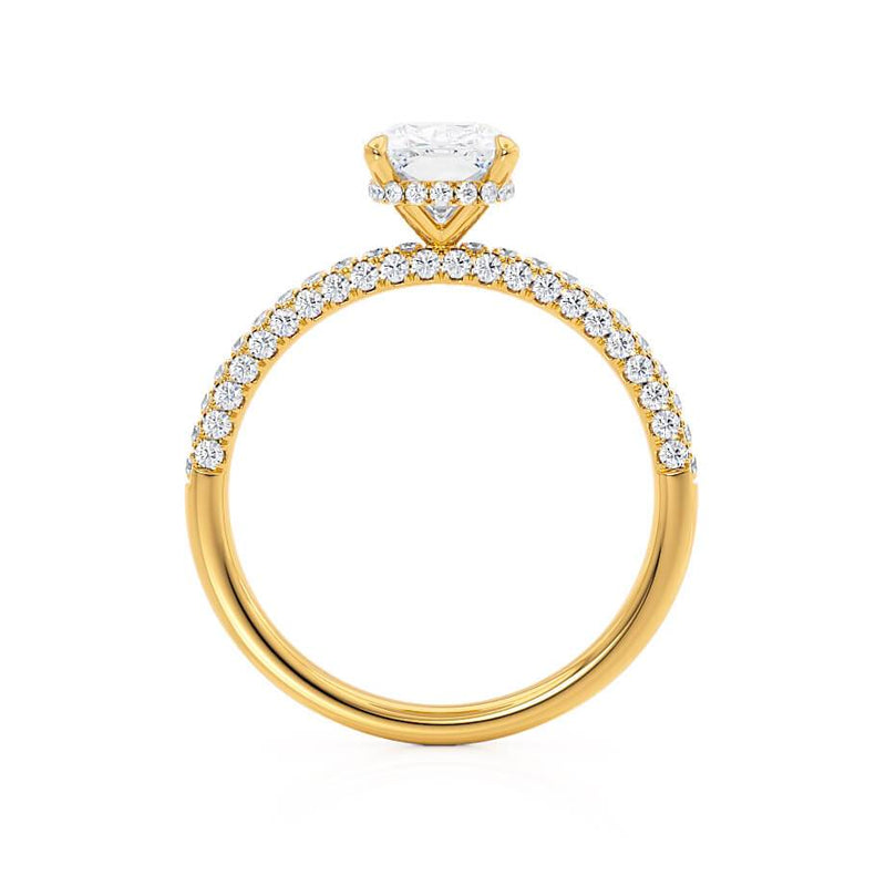 COCO - Elongated Cushion Moissanite & Diamond 18k Yellow Gold Petite Hidden Halo Triple Pavé Ring Engagement Ring Lily Arkwright