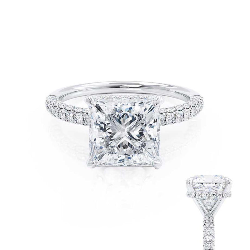 COCO - Princess Moissanite & Diamond Platinum Hidden Halo Triple Pavé Shoulder Set Engagement Ring Lily Arkwright