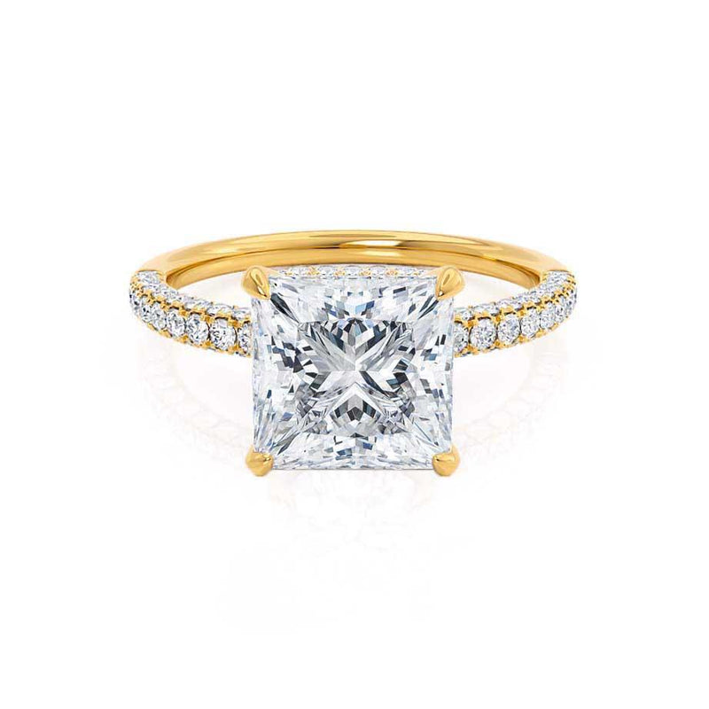 COCO - Princess Moissanite & Diamond 18k Yellow Gold Hidden Halo Triple Pavé Shoulder Set Engagement Ring Lily Arkwright
