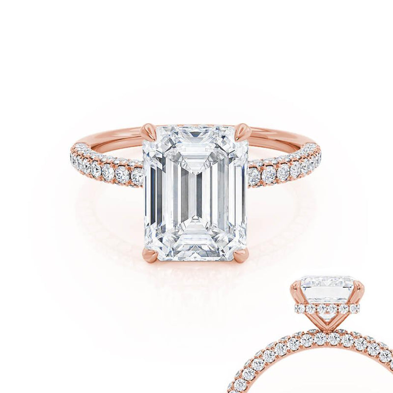 COCO - Emerald Moissanite & Diamond 18k Rose Gold Petite Hidden Halo Triple Pavé Ring Engagement Ring Lily Arkwright