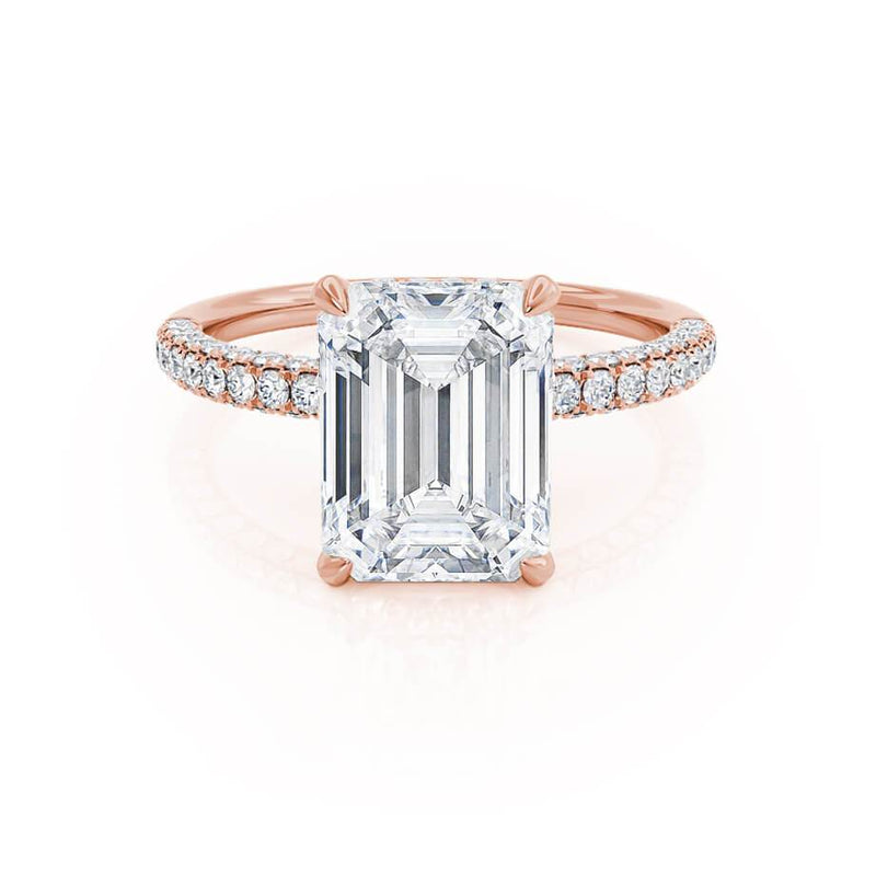 COCO - Emerald Lab Diamond & Diamond 18k Rose Gold Hidden Halo Triple Pavé Ring Engagement Ring Lily Arkwright