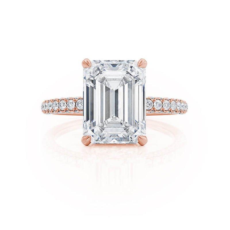 COCO - Emerald Lab Diamond & Diamond 18k Rose Gold Hidden Halo Triple Pavé Ring Engagement Ring Lily Arkwright